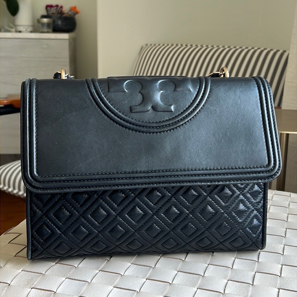 Tory Burch Black Leather Medium Fleming Convertible Shoulder Bag